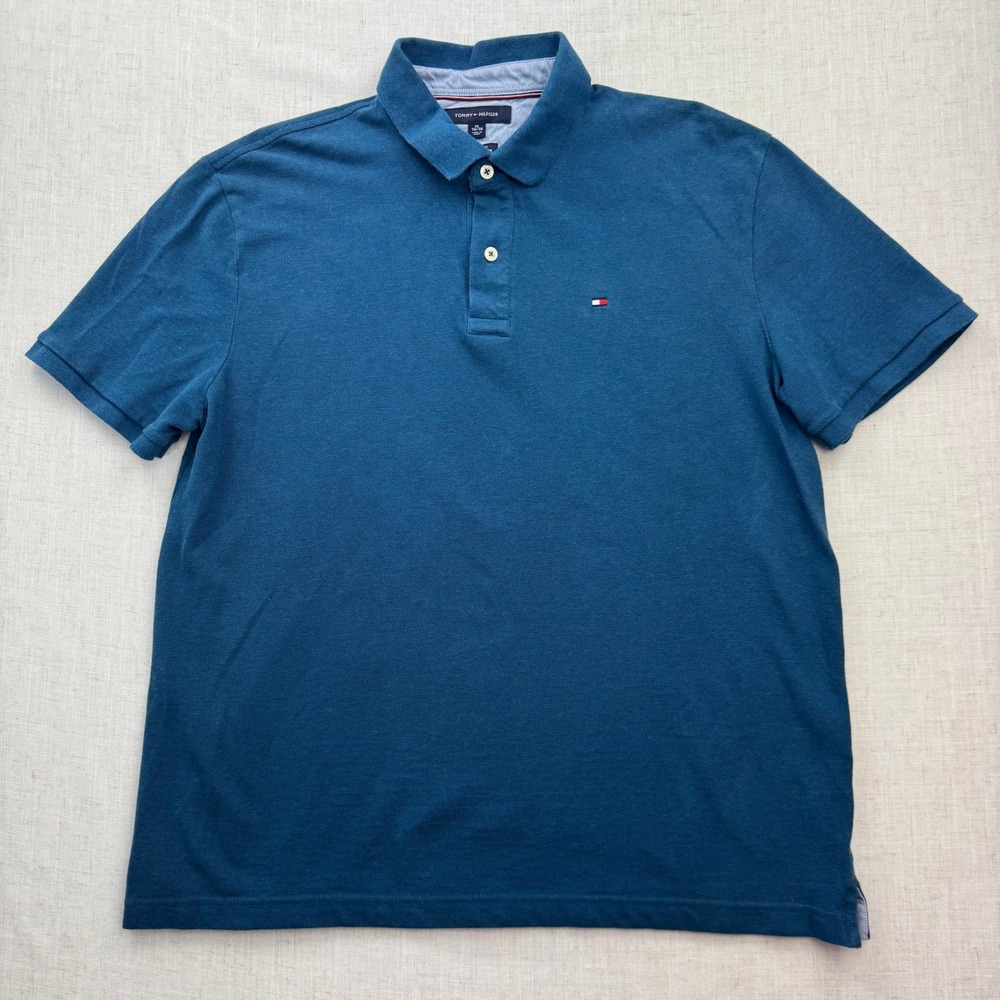 Tommy Hilfiger Polo Shirt Mens XL Teal Blue Regular Fit Pique Preppy Classic